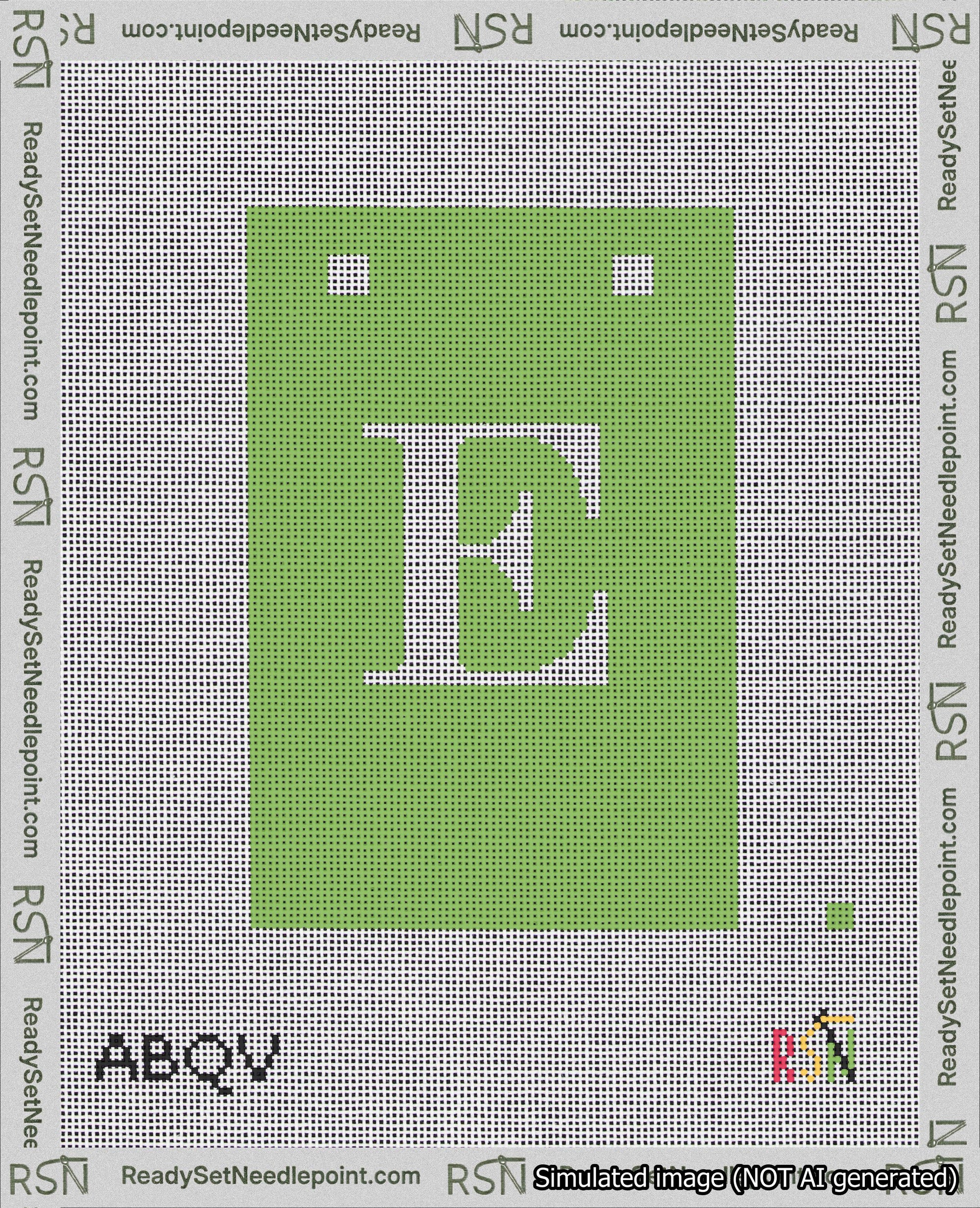 A taped needlepoint canvas with the design: Banner 18 mesh count Squared E White on Light Green.