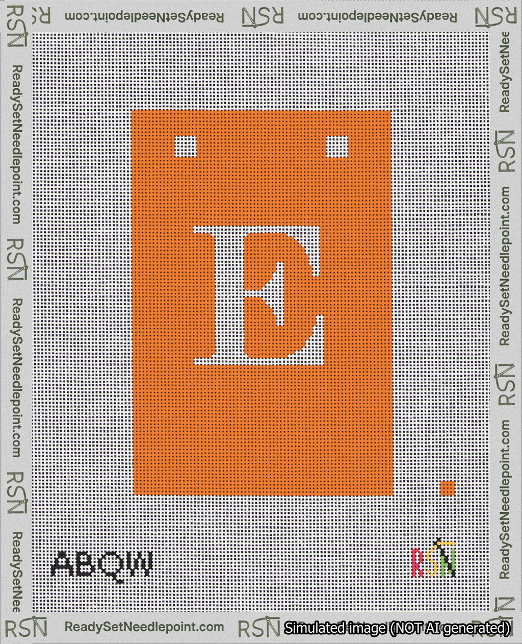 A taped needlepoint canvas with the design: Banner 18 mesh count Squared E White on Orange.