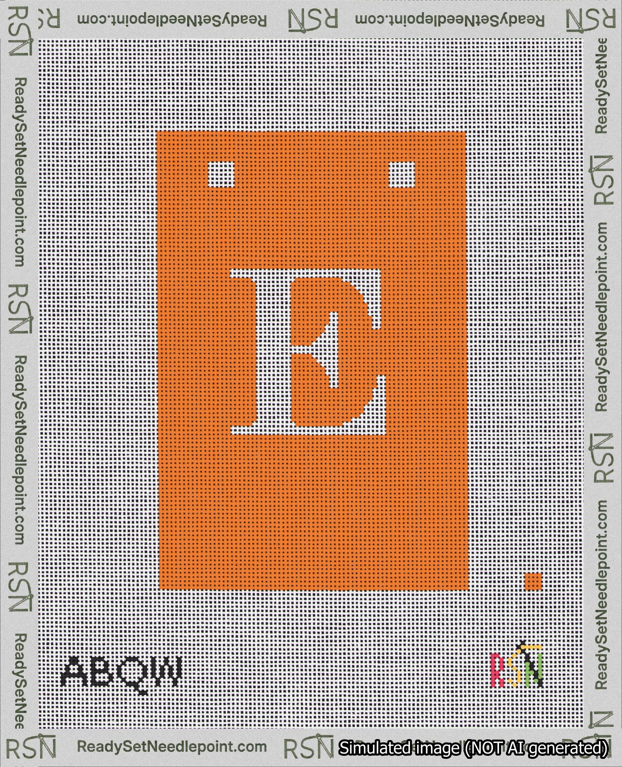 A taped needlepoint canvas with the design: Banner 18 mesh count Squared E White on Orange.