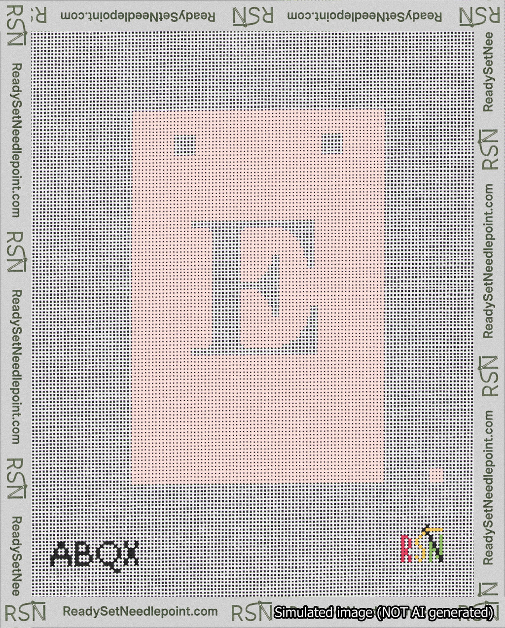 A taped needlepoint canvas with the design: Banner 18 mesh count Squared E White on Pink.