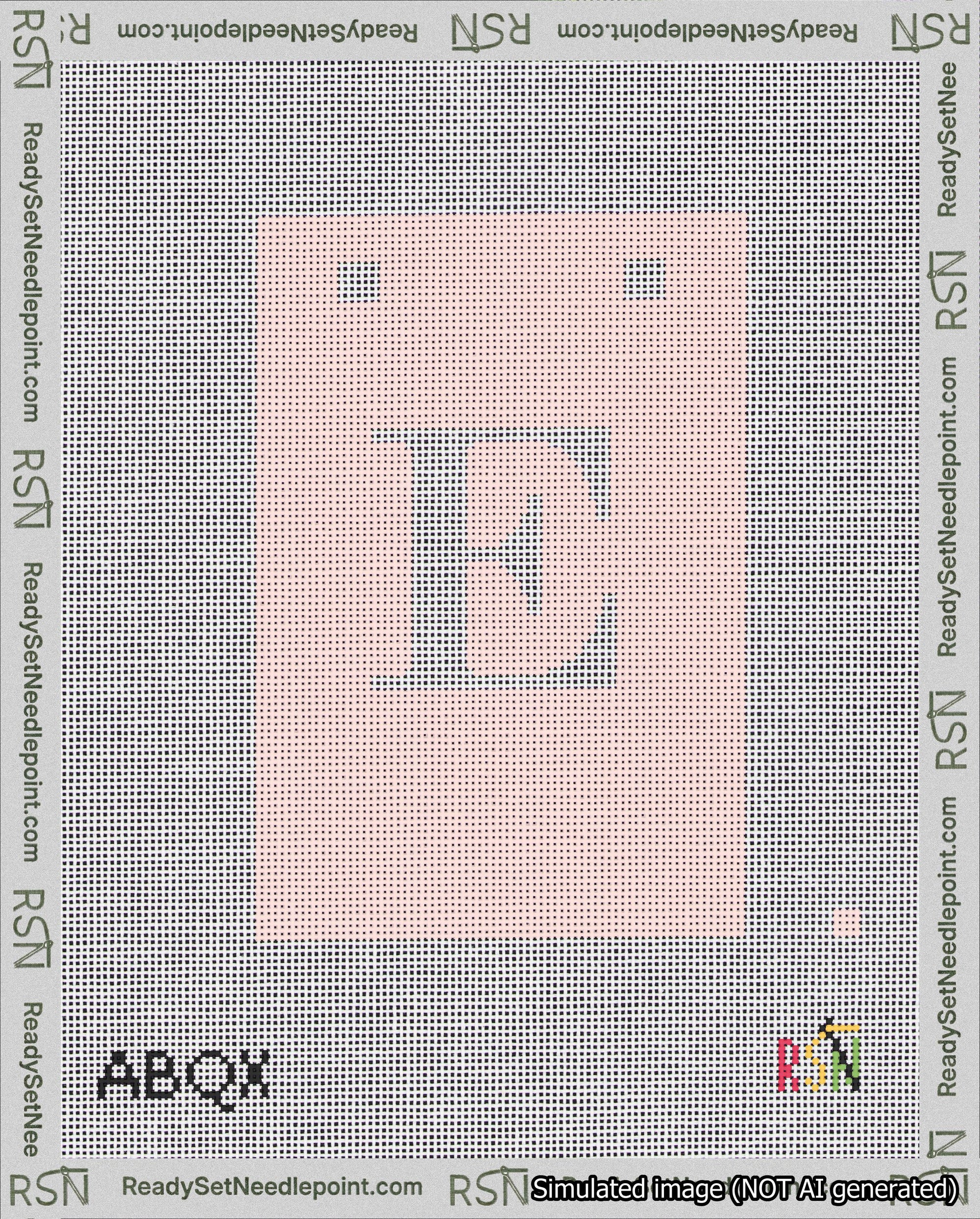 A taped needlepoint canvas with the design: Banner 18 mesh count Squared E White on Pink.