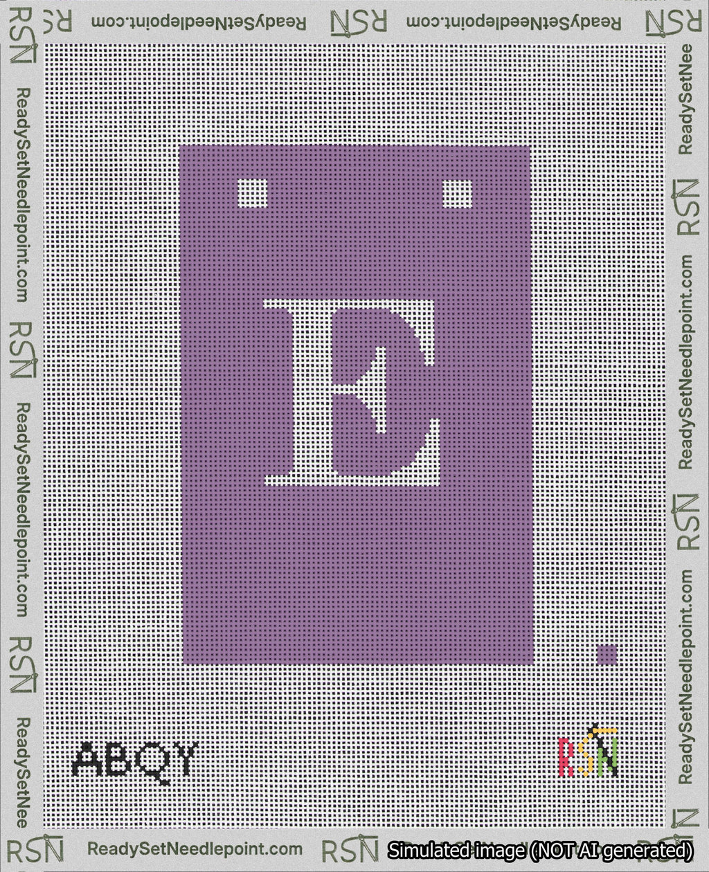 A taped needlepoint canvas with the design: Banner 18 mesh count Squared E White on Purple.