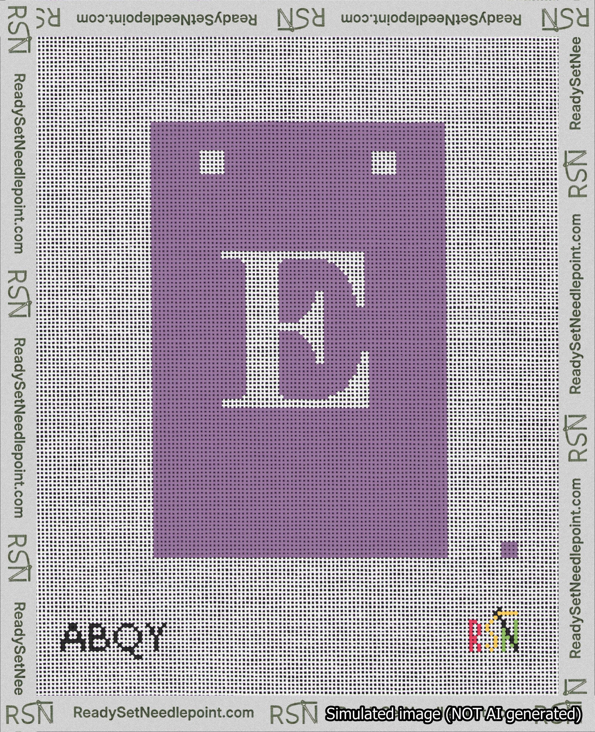A taped needlepoint canvas with the design: Banner 18 mesh count Squared E White on Purple.