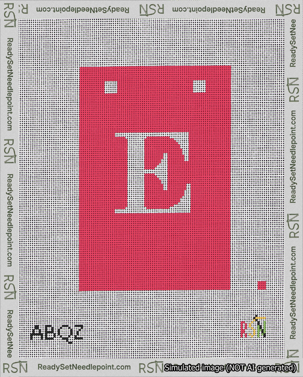 A taped needlepoint canvas with the design: Banner 18 mesh count Squared E White on Red.