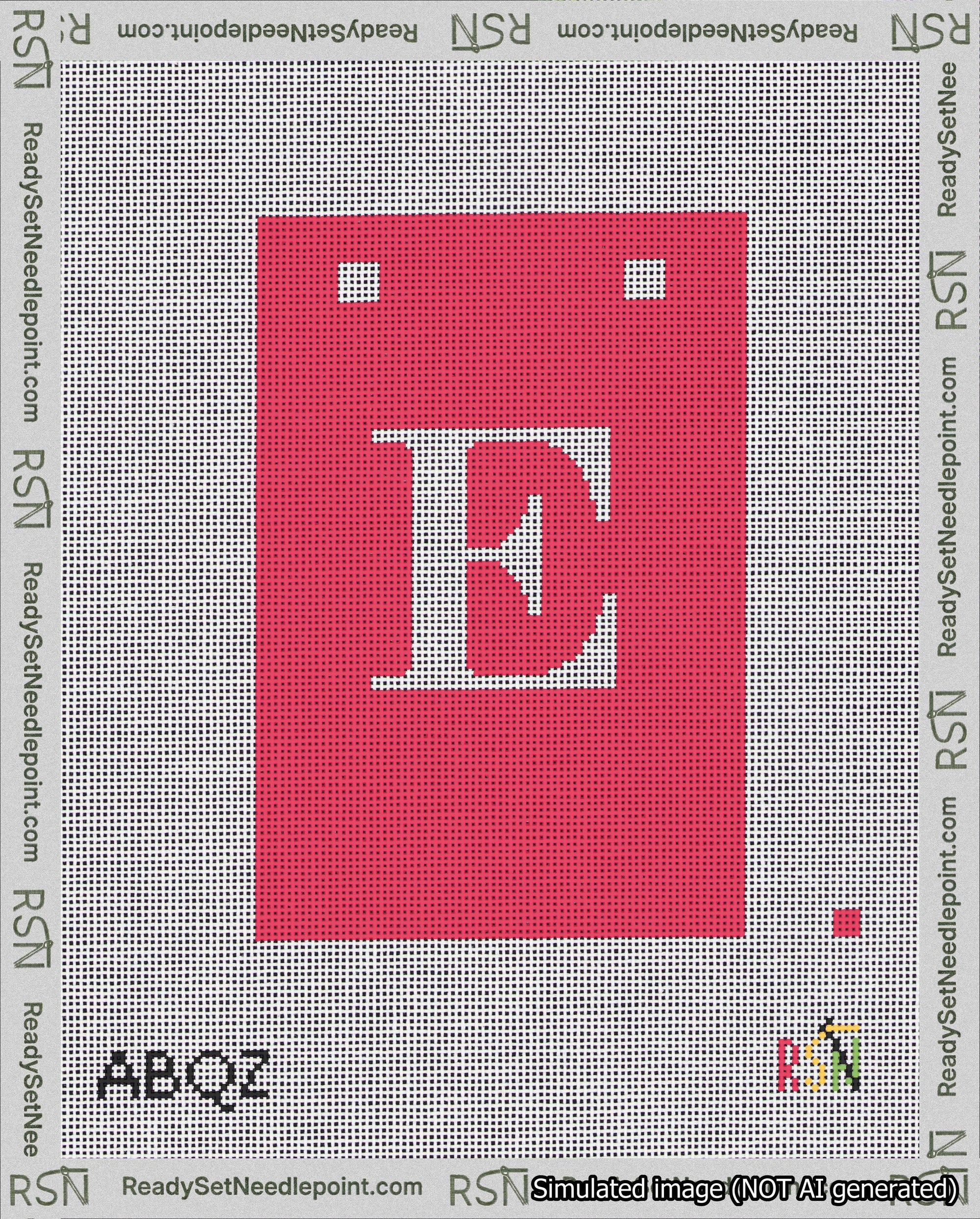 A taped needlepoint canvas with the design: Banner 18 mesh count Squared E White on Red.