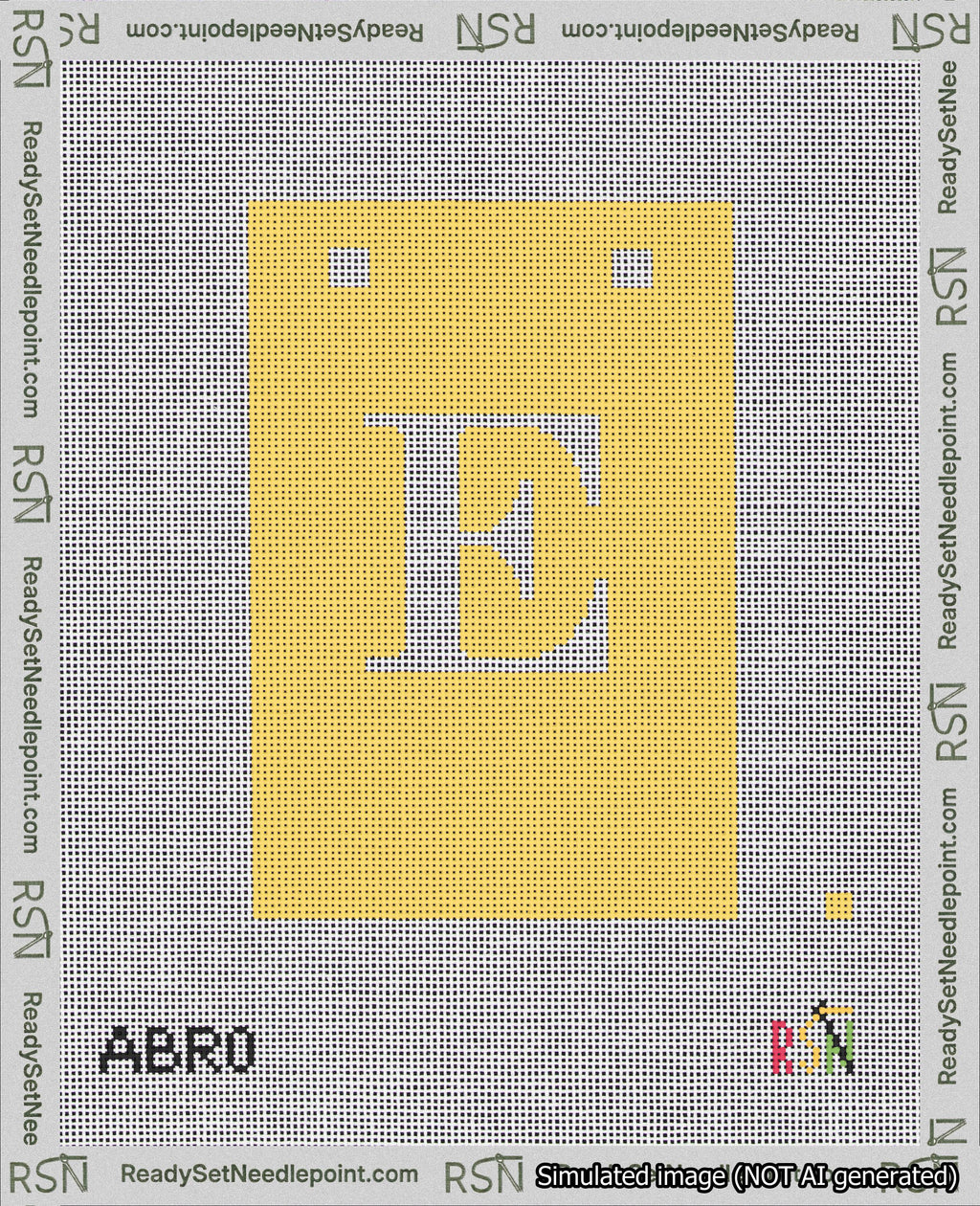 A taped needlepoint canvas with the design: Banner 18 mesh count Squared E White on Yellow.