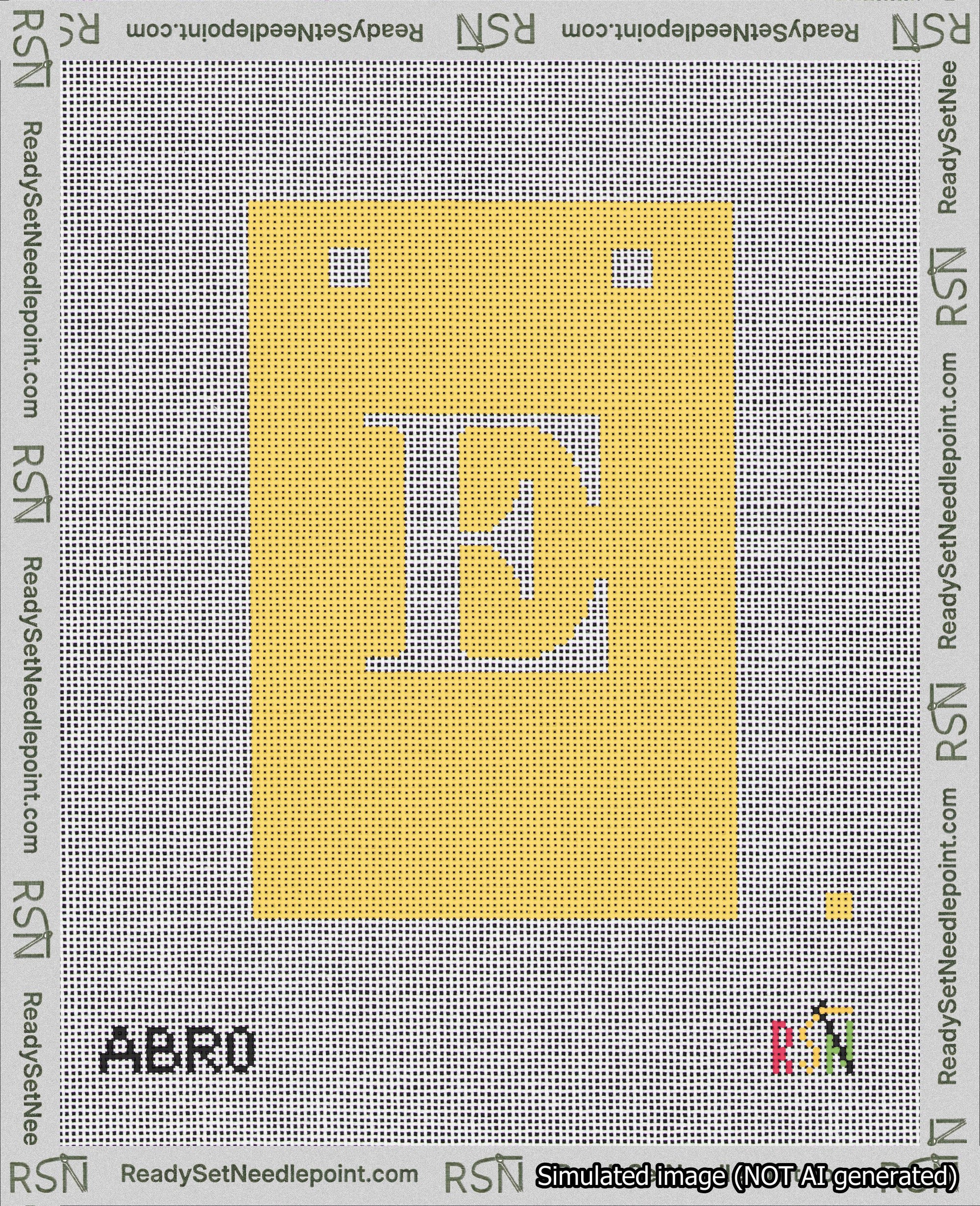A taped needlepoint canvas with the design: Banner 18 mesh count Squared E White on Yellow.