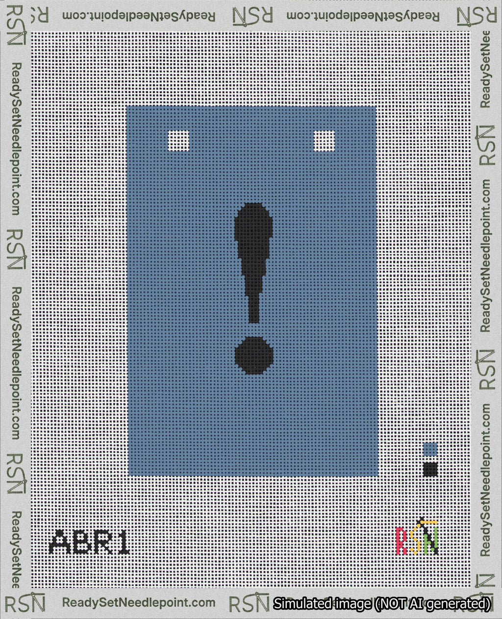 A taped needlepoint canvas with the design: Banner 18 mesh count Squared Exclamation Black on Blue.