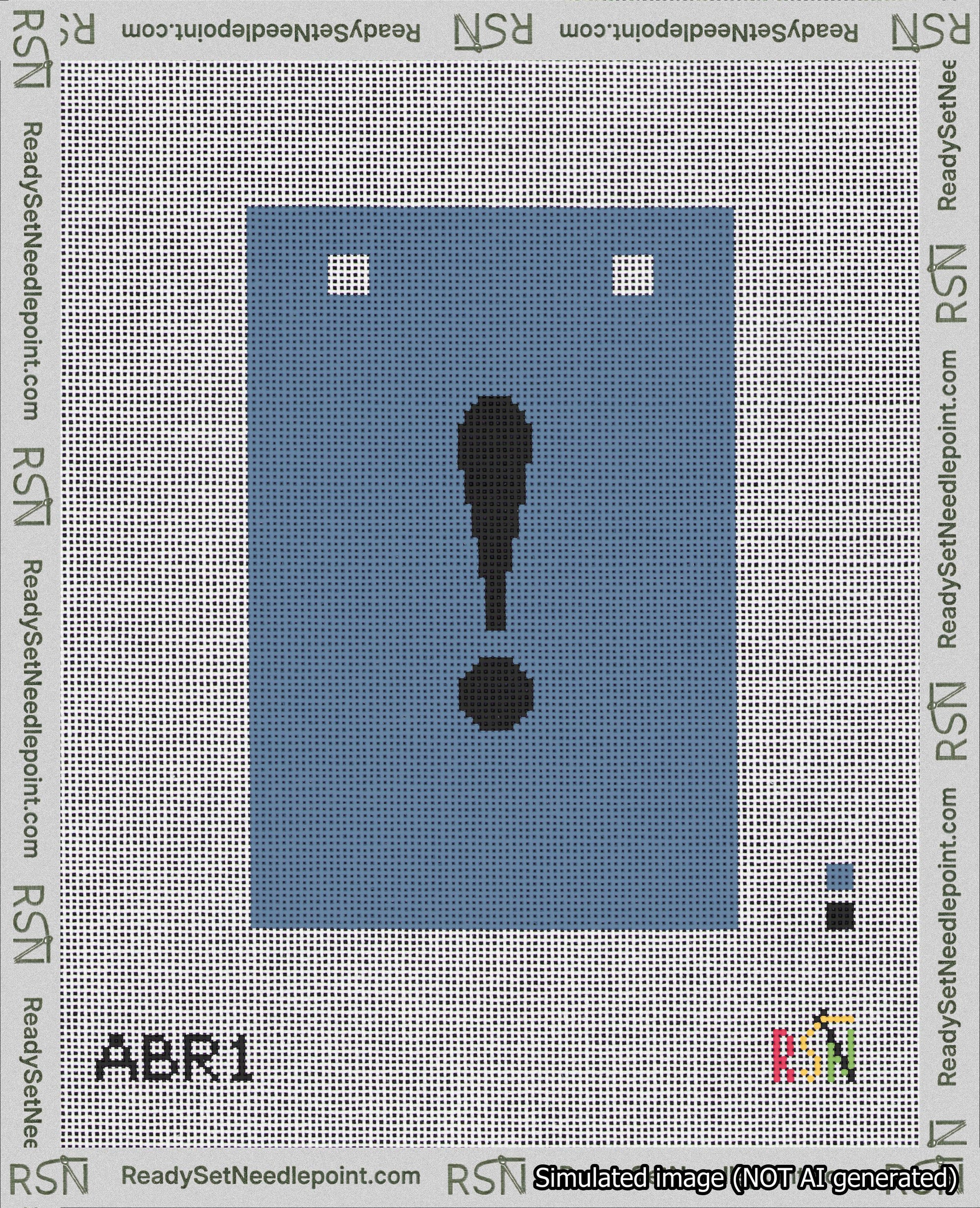 A taped needlepoint canvas with the design: Banner 18 mesh count Squared Exclamation Black on Blue.