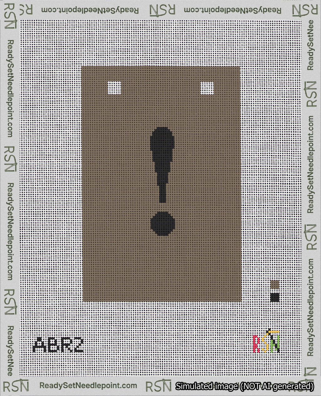 A taped needlepoint canvas with the design: Banner 18 mesh count Squared Exclamation Black on Brown.