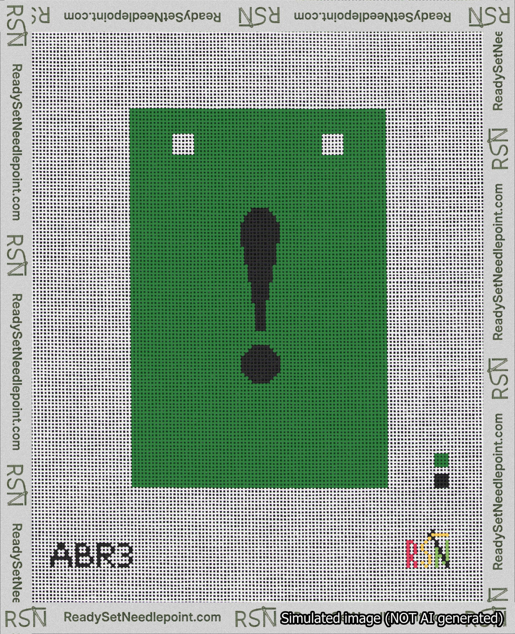 A taped needlepoint canvas with the design: Banner 18 mesh count Squared Exclamation Black on Green.