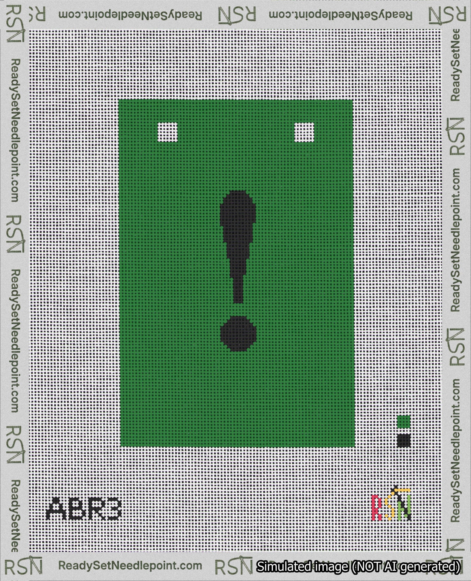 A taped needlepoint canvas with the design: Banner 18 mesh count Squared Exclamation Black on Green.