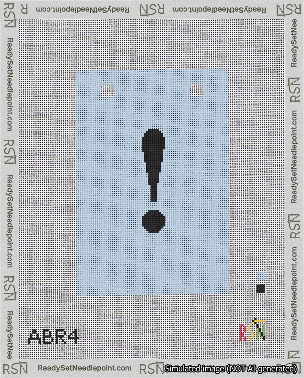 A taped needlepoint canvas with the design: Banner 18 mesh count Squared Exclamation Black on Light Blue.