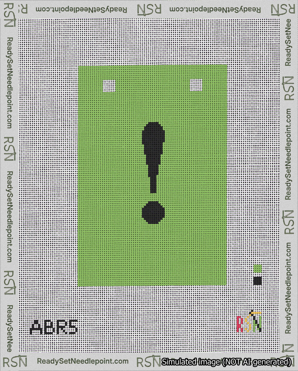 A taped needlepoint canvas with the design: Banner 18 mesh count Squared Exclamation Black on Light Green.