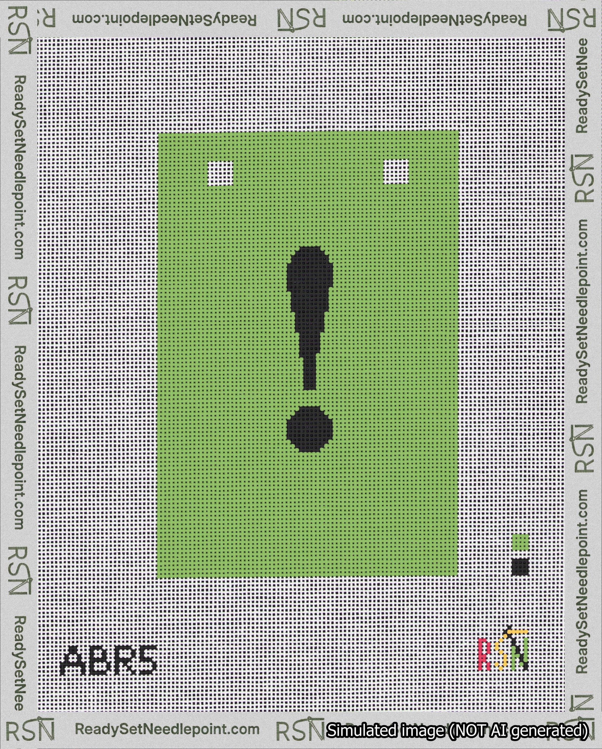 A taped needlepoint canvas with the design: Banner 18 mesh count Squared Exclamation Black on Light Green.
