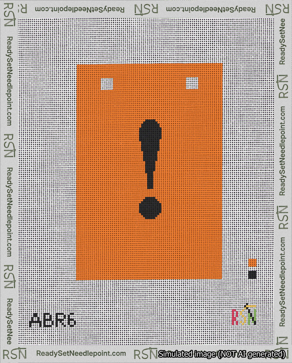A taped needlepoint canvas with the design: Banner 18 mesh count Squared Exclamation Black on Orange.