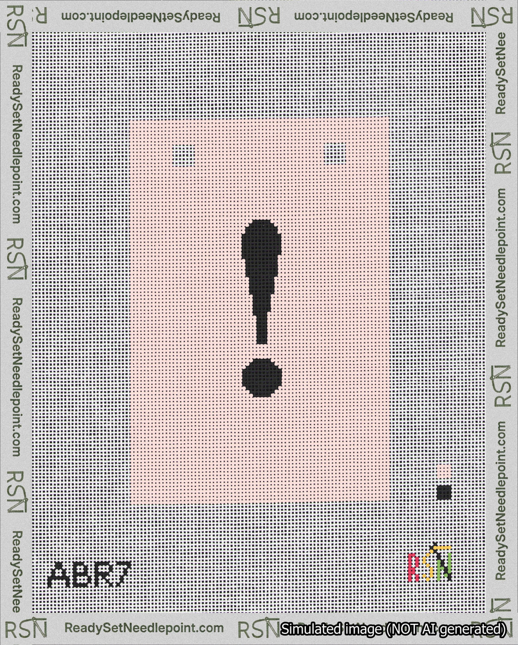 A taped needlepoint canvas with the design: Banner 18 mesh count Squared Exclamation Black on Pink.