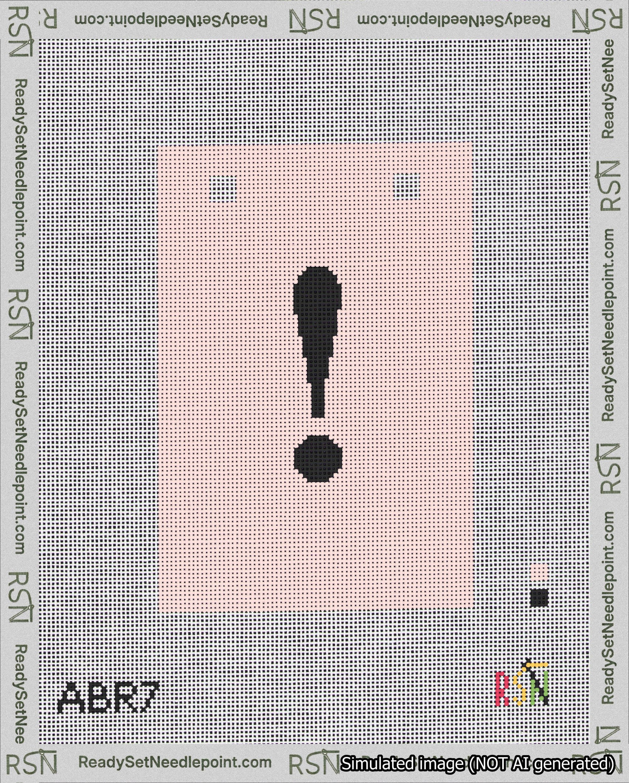 A taped needlepoint canvas with the design: Banner 18 mesh count Squared Exclamation Black on Pink.