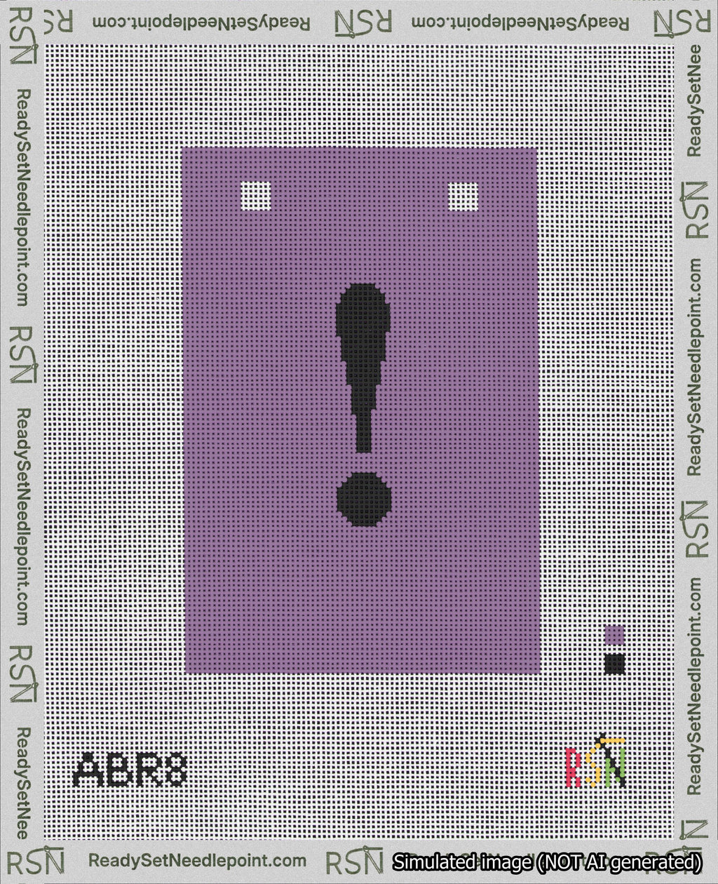 A taped needlepoint canvas with the design: Banner 18 mesh count Squared Exclamation Black on Purple.