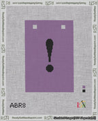 A taped needlepoint canvas with the design: Banner 18 mesh count Squared Exclamation Black on Purple.