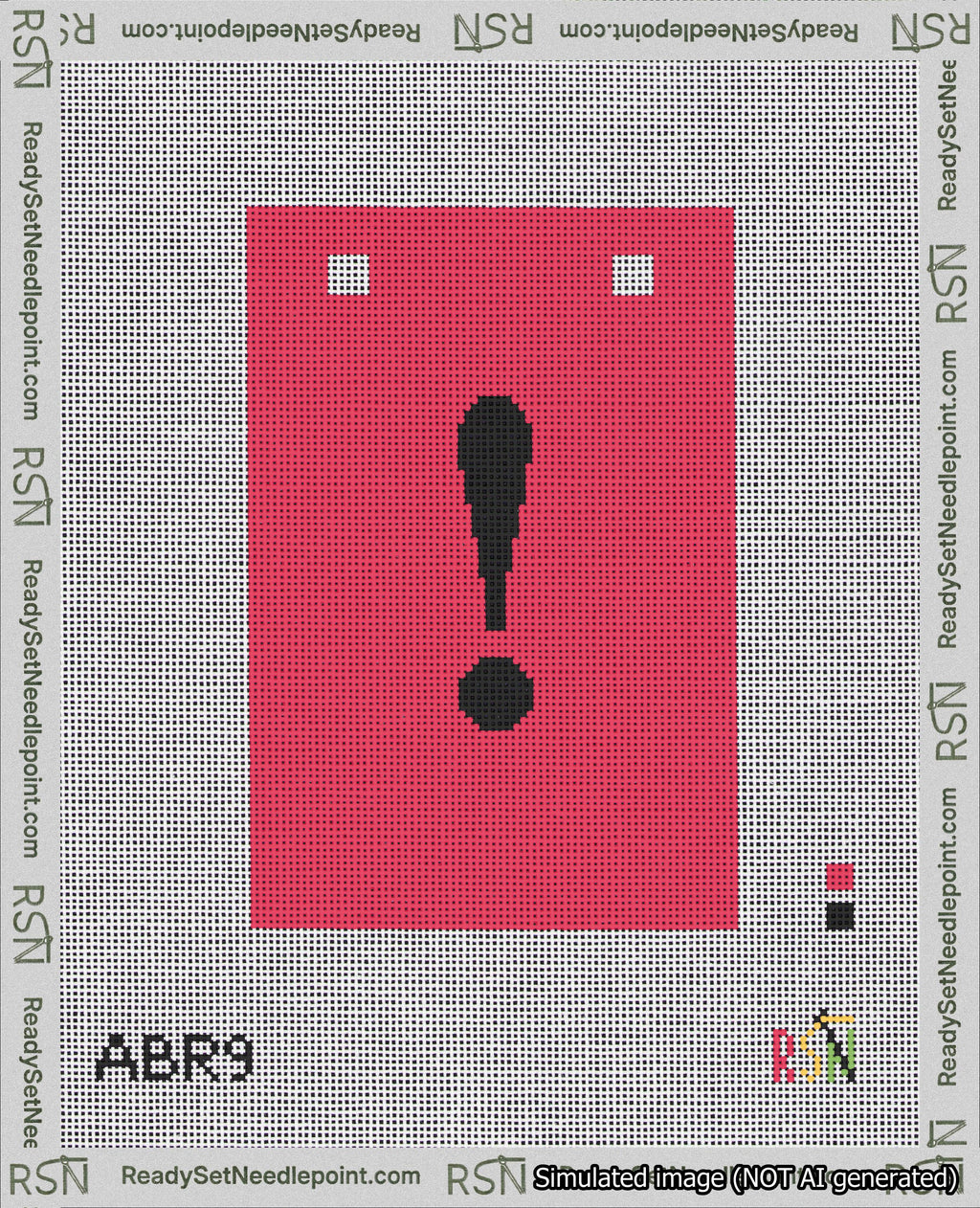 A taped needlepoint canvas with the design: Banner 18 mesh count Squared Exclamation Black on Red.