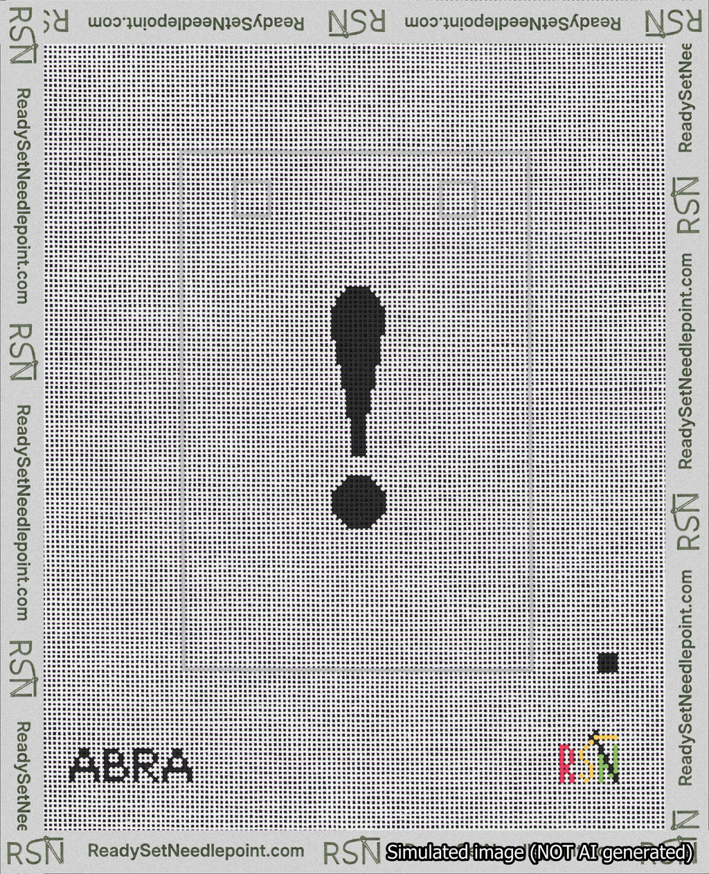A taped needlepoint canvas with the design: Banner 18 mesh count Squared Exclamation Black on White.