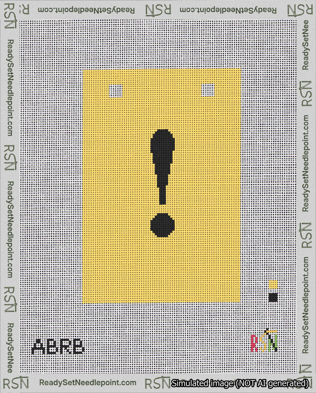 A taped needlepoint canvas with the design: Banner 18 mesh count Squared Exclamation Black on Yellow.
