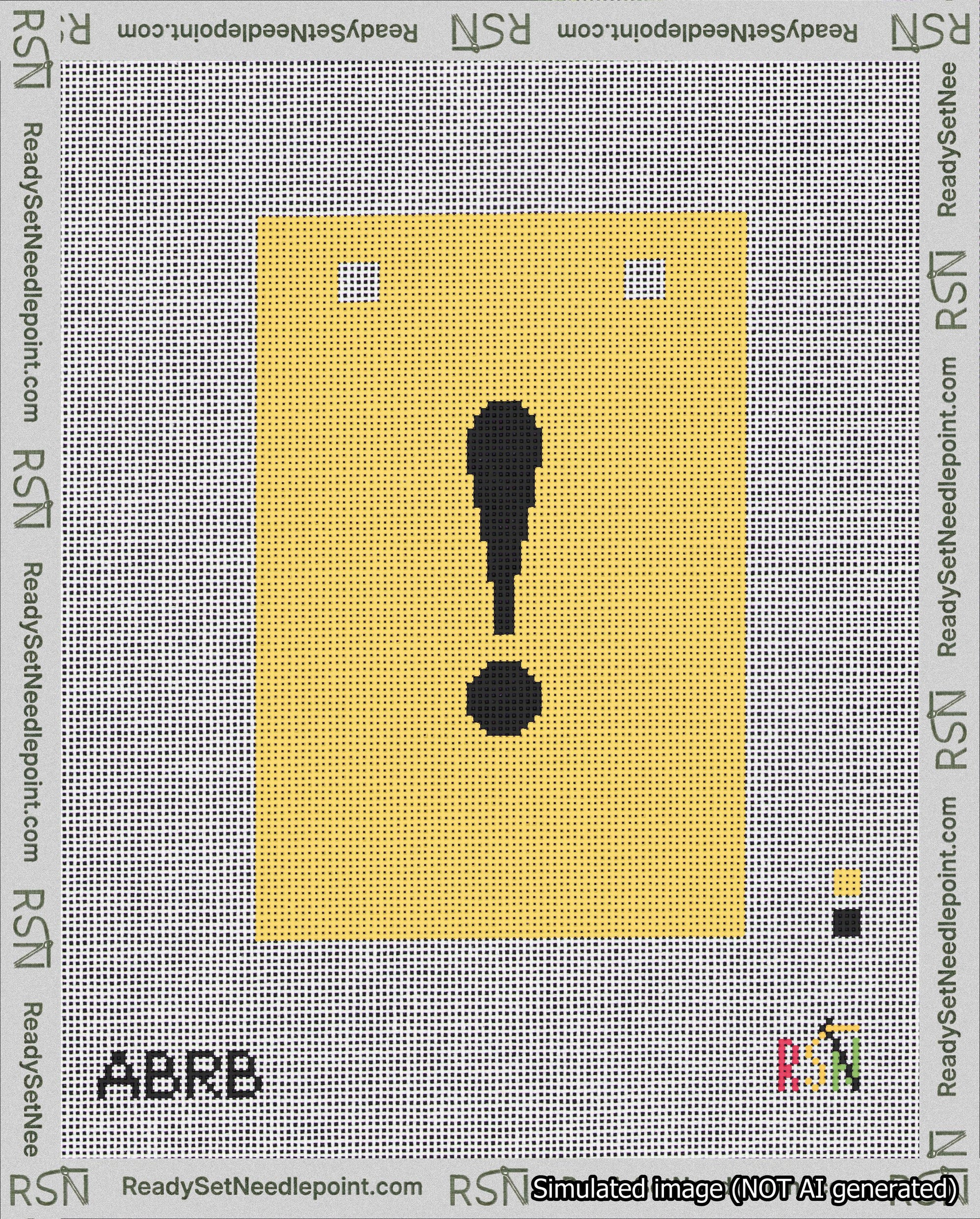 A taped needlepoint canvas with the design: Banner 18 mesh count Squared Exclamation Black on Yellow.