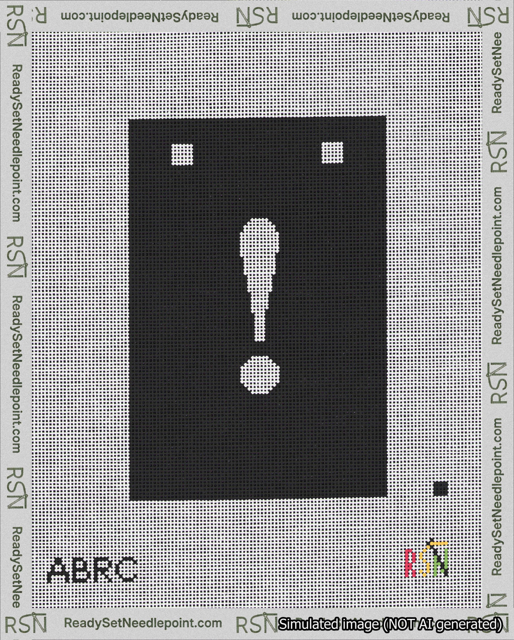 A taped needlepoint canvas with the design: Banner 18 mesh count Squared Exclamation White on Black.
