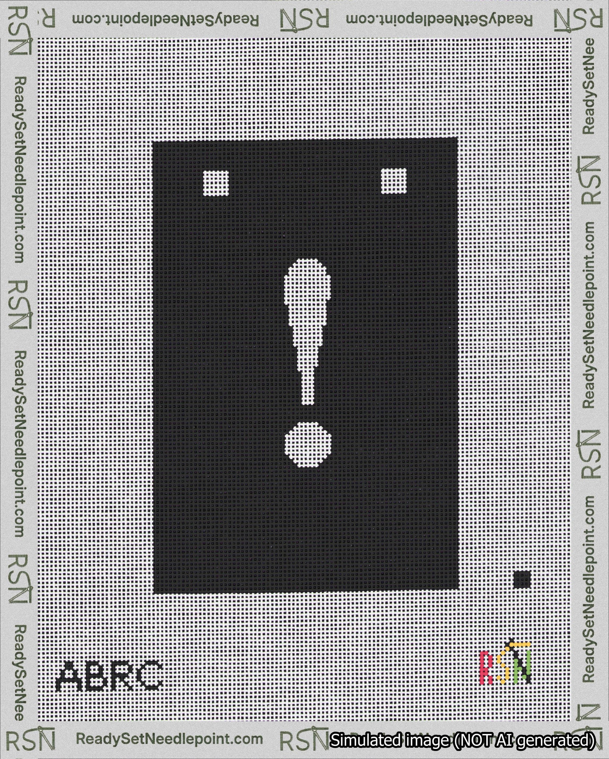 A taped needlepoint canvas with the design: Banner 18 mesh count Squared Exclamation White on Black.