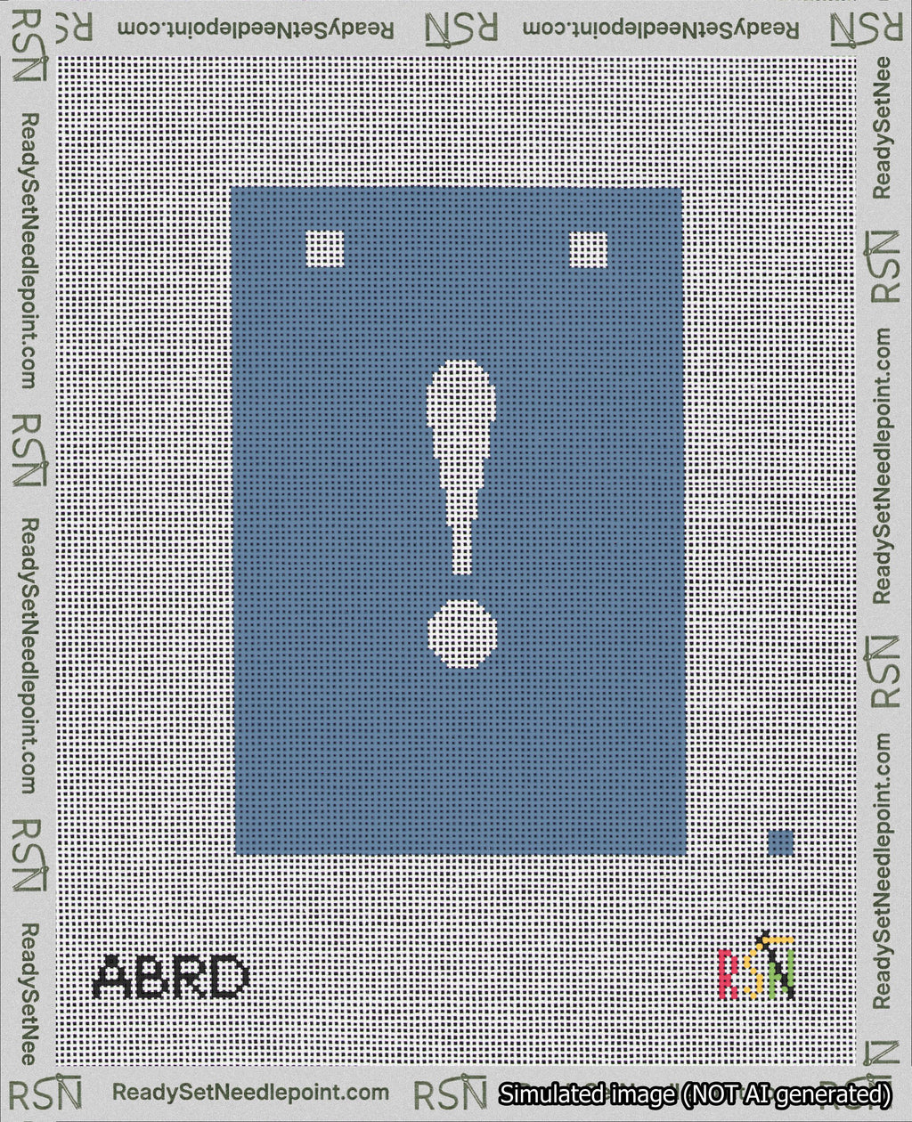 A taped needlepoint canvas with the design: Banner 18 mesh count Squared Exclamation White on Blue.