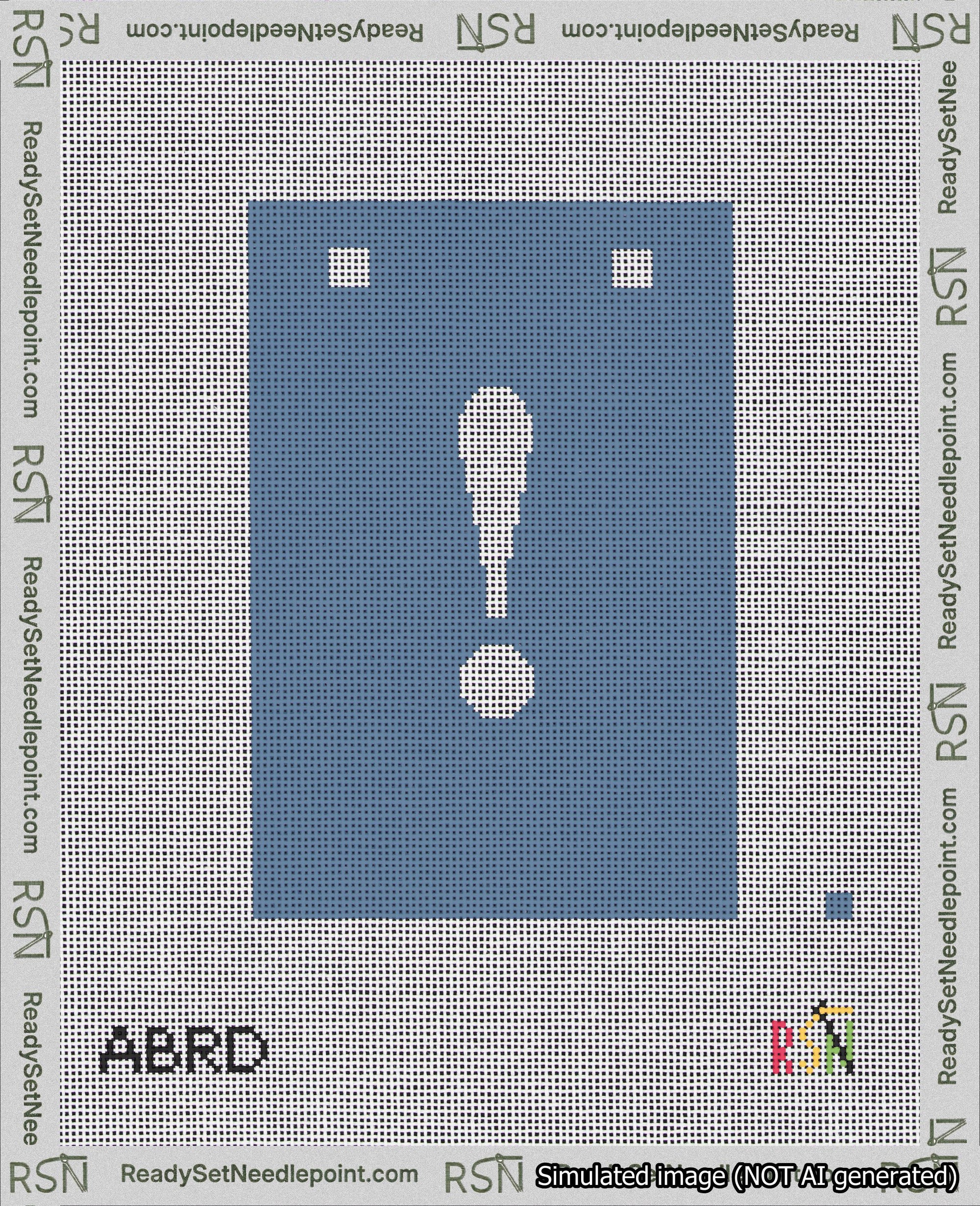 A taped needlepoint canvas with the design: Banner 18 mesh count Squared Exclamation White on Blue.