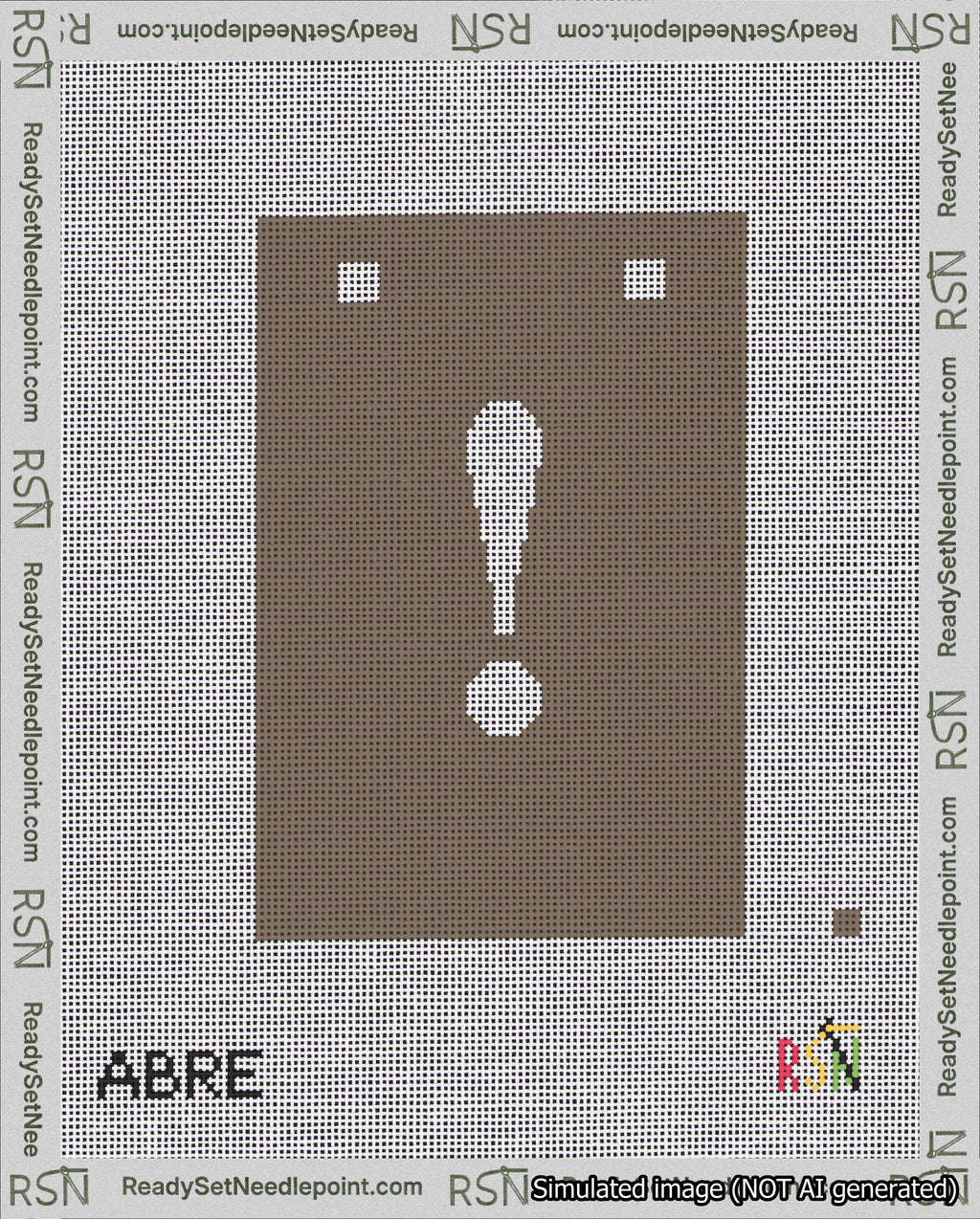 A taped needlepoint canvas with the design: Banner 18 mesh count Squared Exclamation White on Brown.