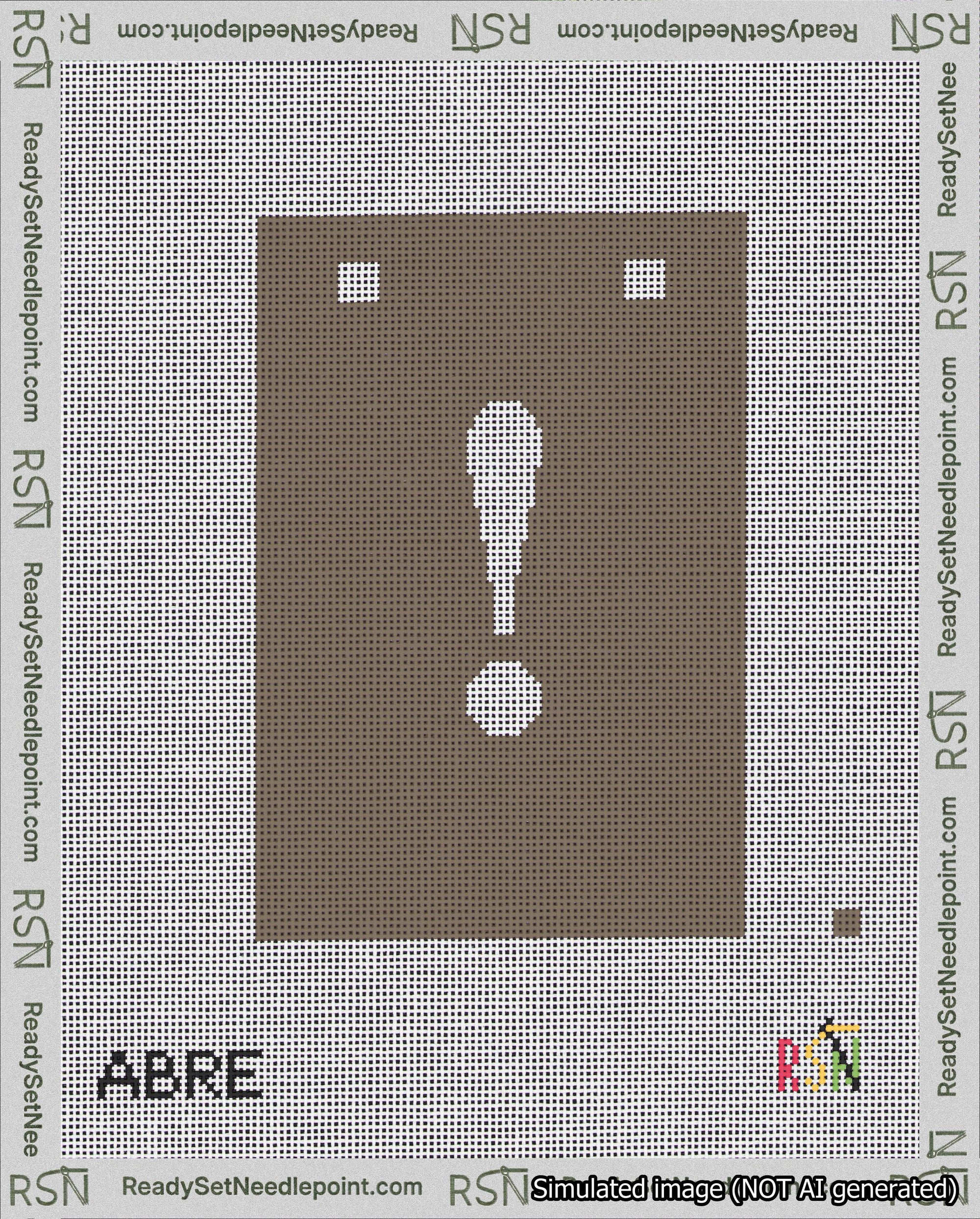 A taped needlepoint canvas with the design: Banner 18 mesh count Squared Exclamation White on Brown.