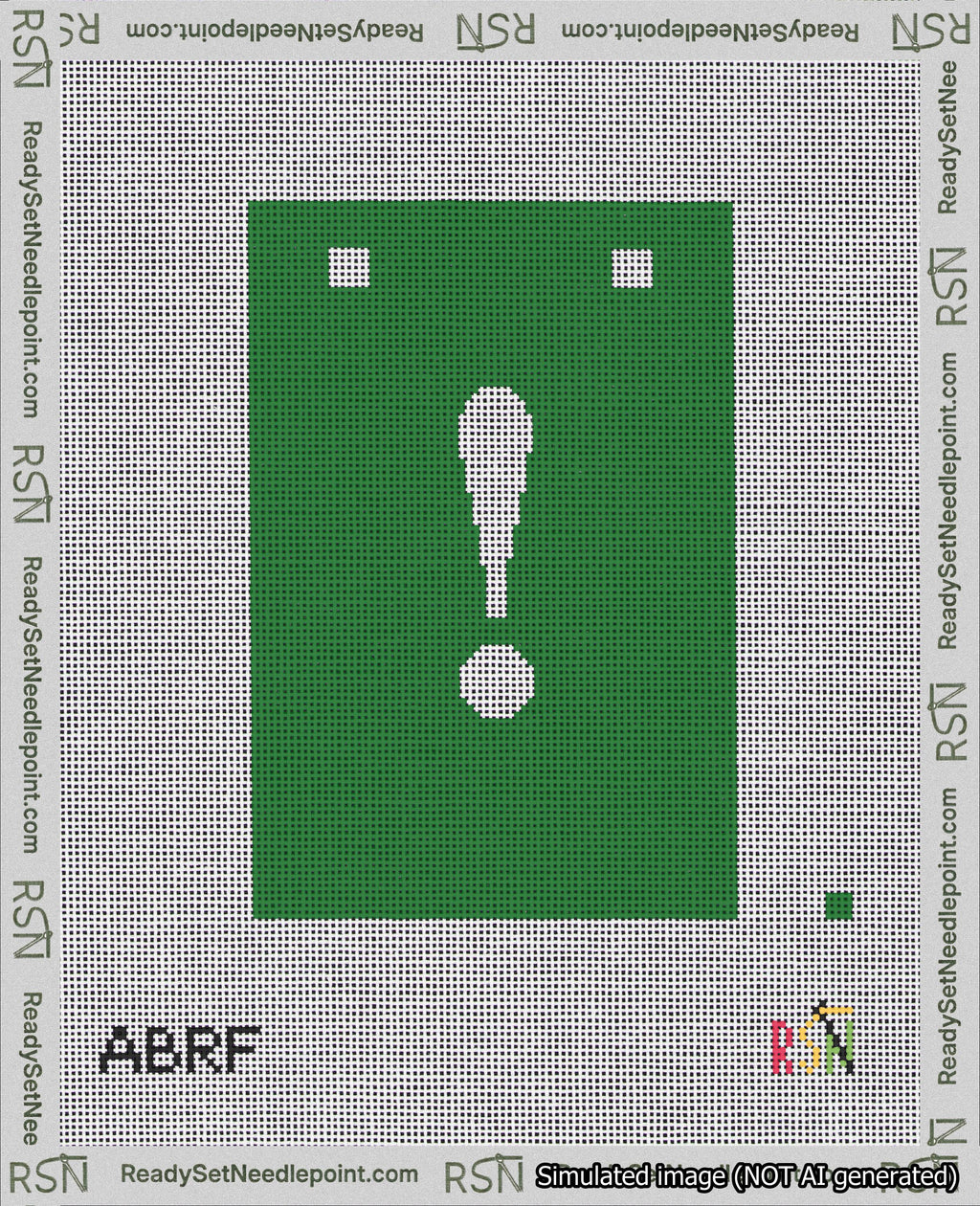 A taped needlepoint canvas with the design: Banner 18 mesh count Squared Exclamation White on Green.