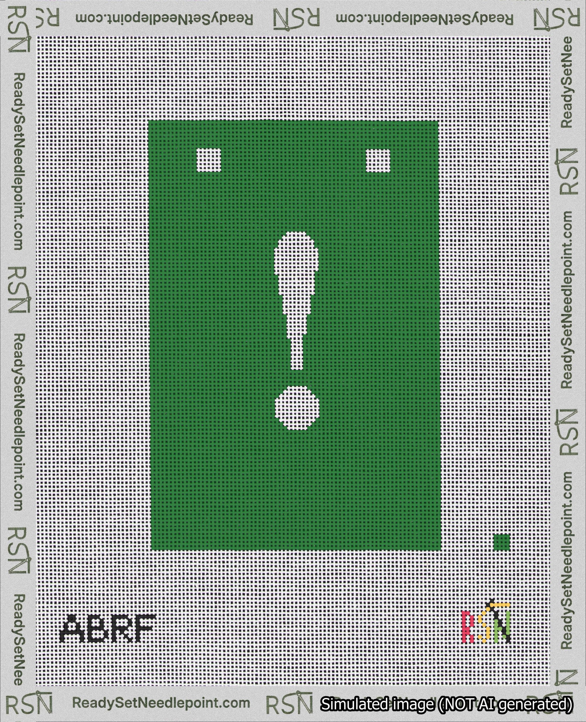 A taped needlepoint canvas with the design: Banner 18 mesh count Squared Exclamation White on Green.