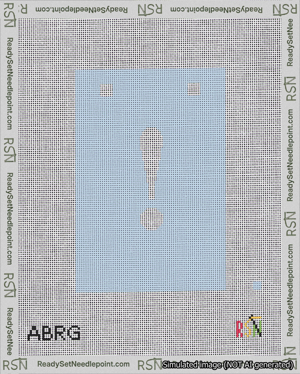 A taped needlepoint canvas with the design: Banner 18 mesh count Squared Exclamation White on Light Blue.