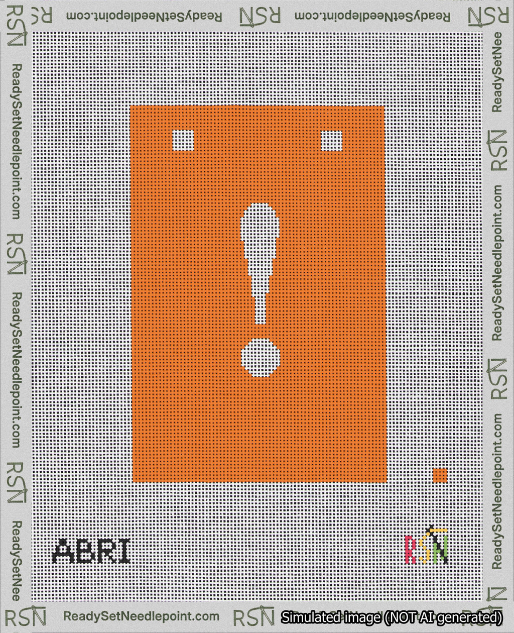 A taped needlepoint canvas with the design: Banner 18 mesh count Squared Exclamation White on Orange.