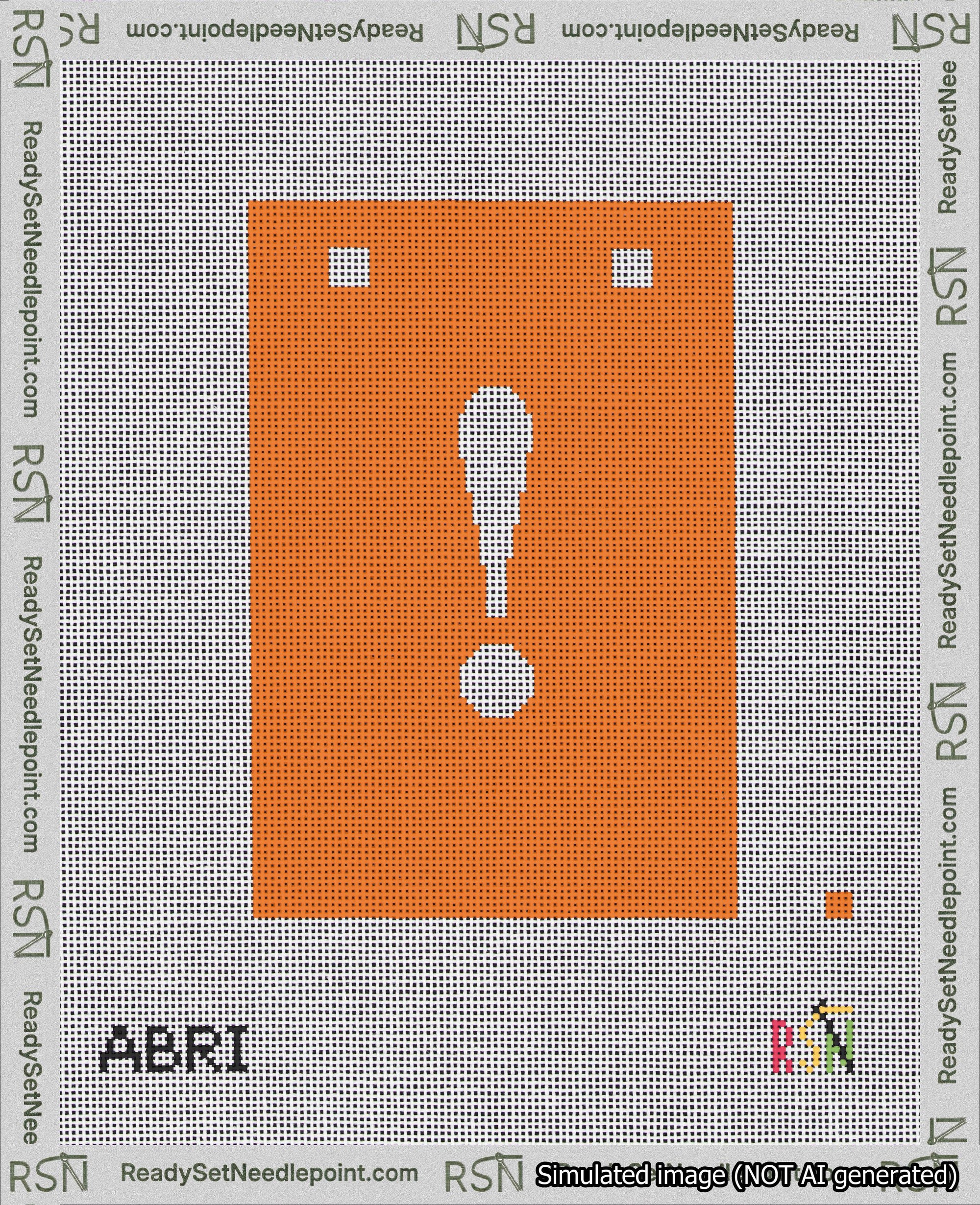 A taped needlepoint canvas with the design: Banner 18 mesh count Squared Exclamation White on Orange.