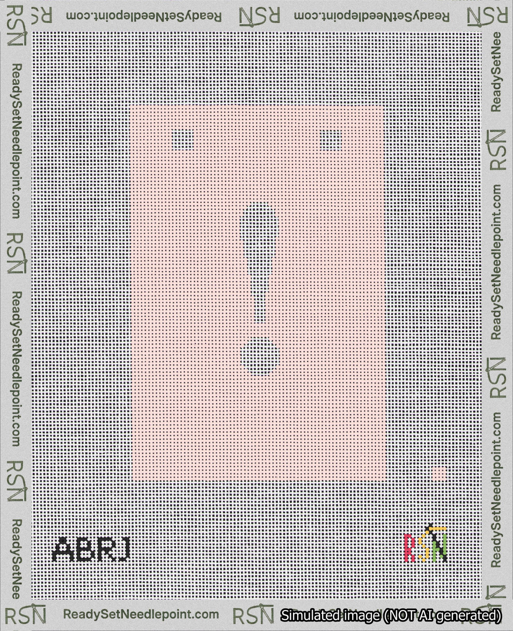 A taped needlepoint canvas with the design: Banner 18 mesh count Squared Exclamation White on Pink.