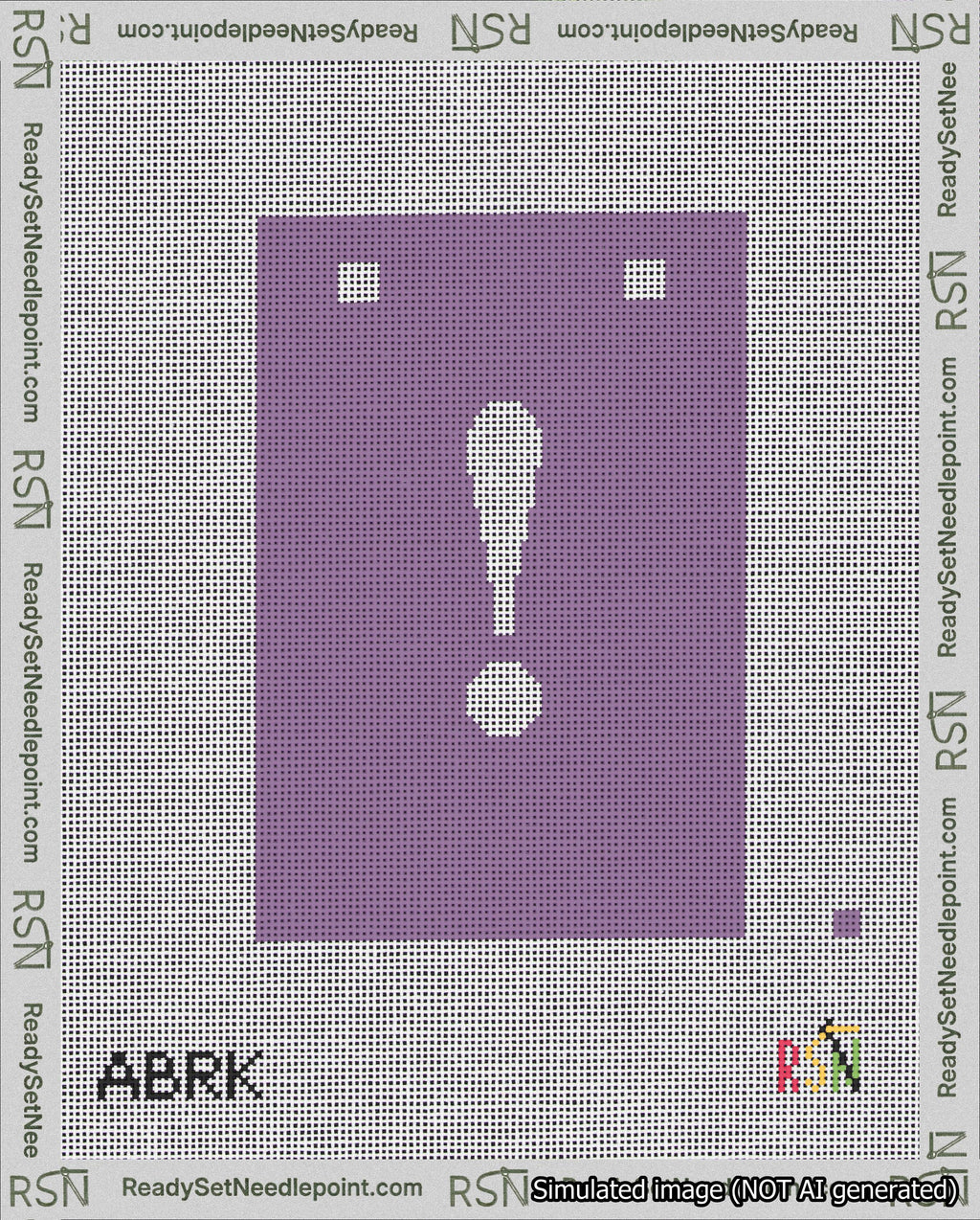 A taped needlepoint canvas with the design: Banner 18 mesh count Squared Exclamation White on Purple.