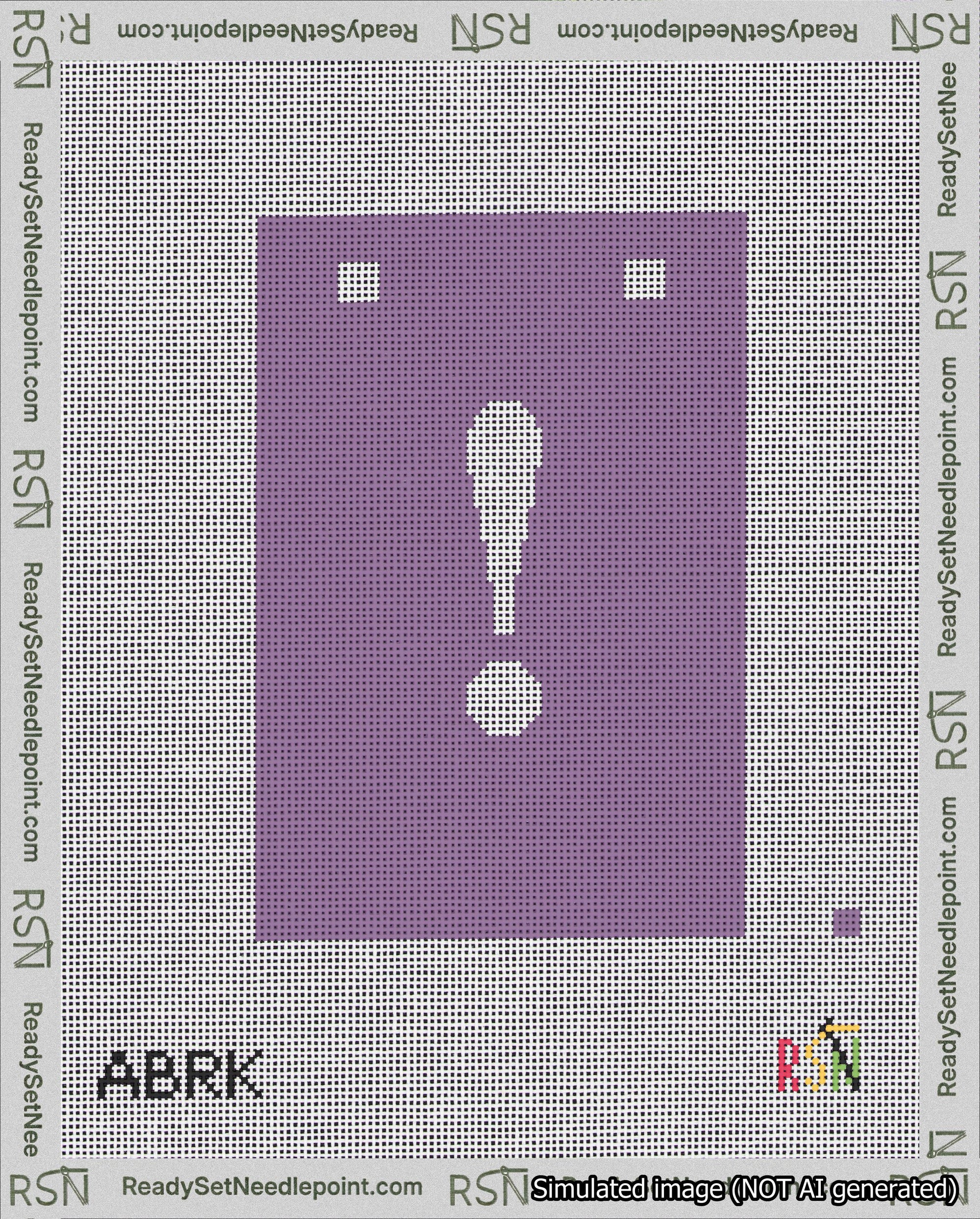 A taped needlepoint canvas with the design: Banner 18 mesh count Squared Exclamation White on Purple.