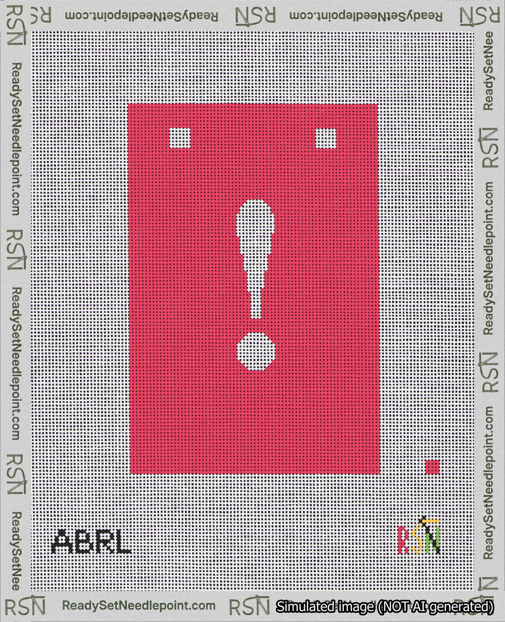 A taped needlepoint canvas with the design: Banner 18 mesh count Squared Exclamation White on Red.