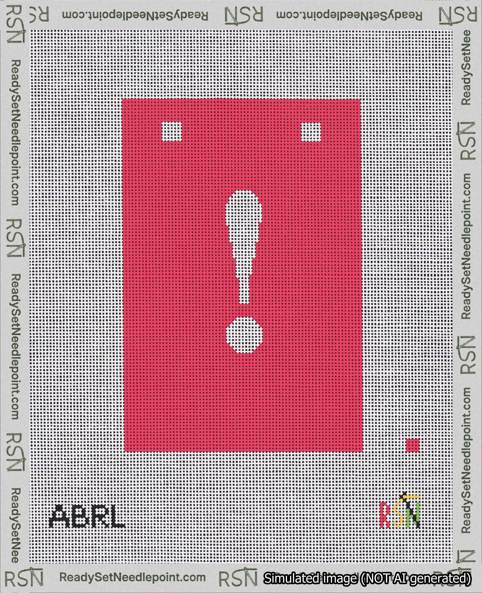 A taped needlepoint canvas with the design: Banner 18 mesh count Squared Exclamation White on Red.