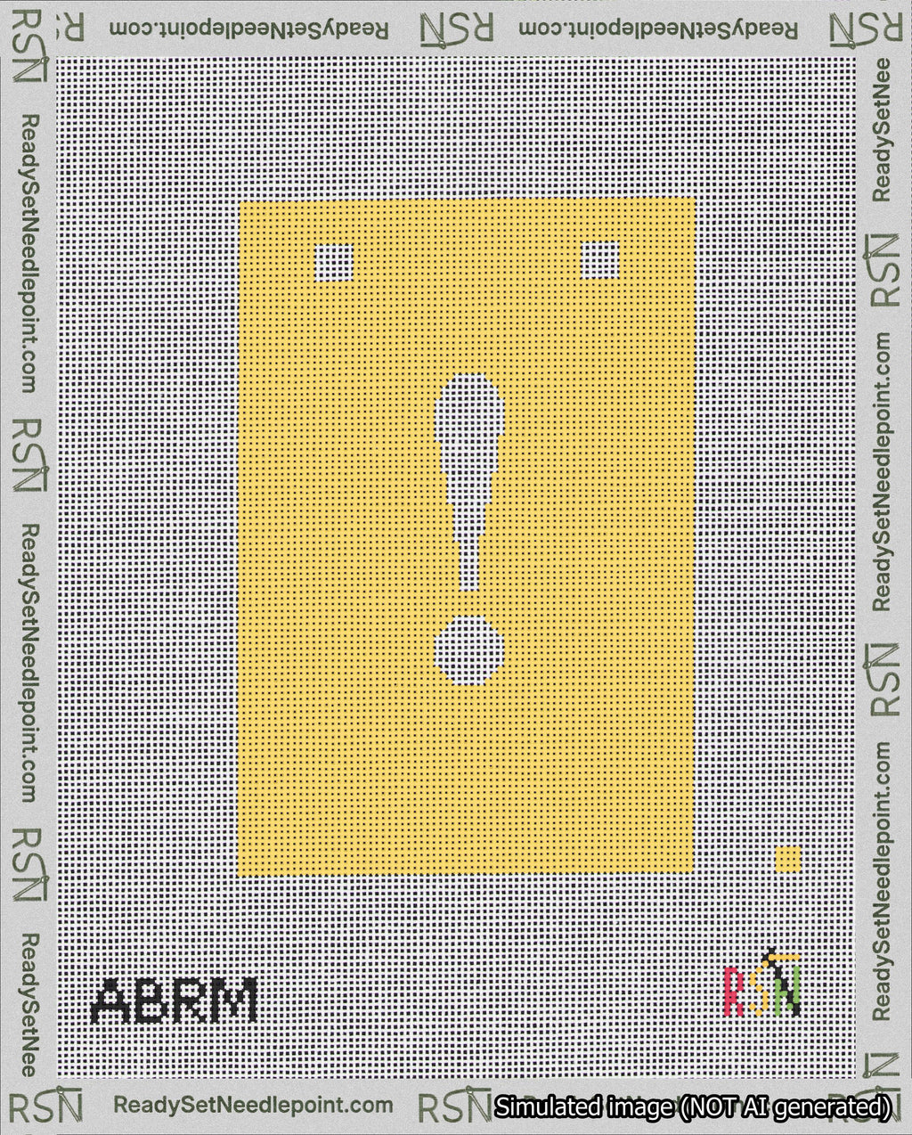 A taped needlepoint canvas with the design: Banner 18 mesh count Squared Exclamation White on Yellow.