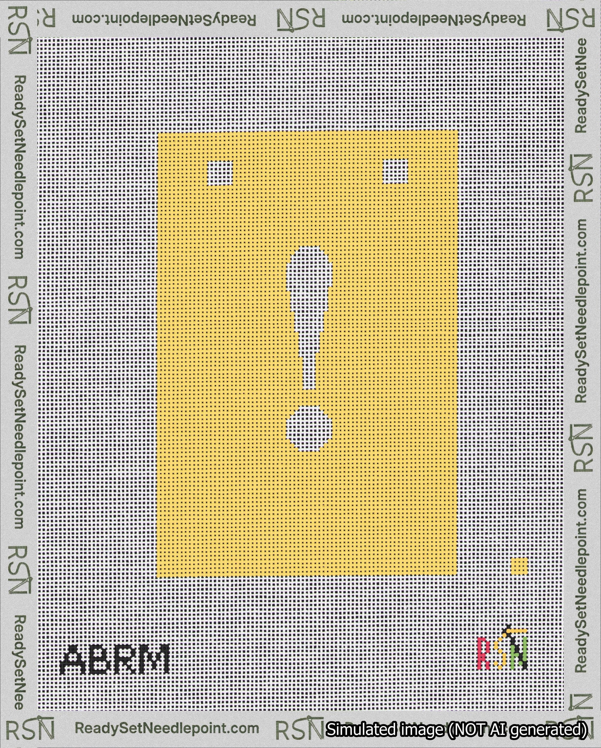A taped needlepoint canvas with the design: Banner 18 mesh count Squared Exclamation White on Yellow.