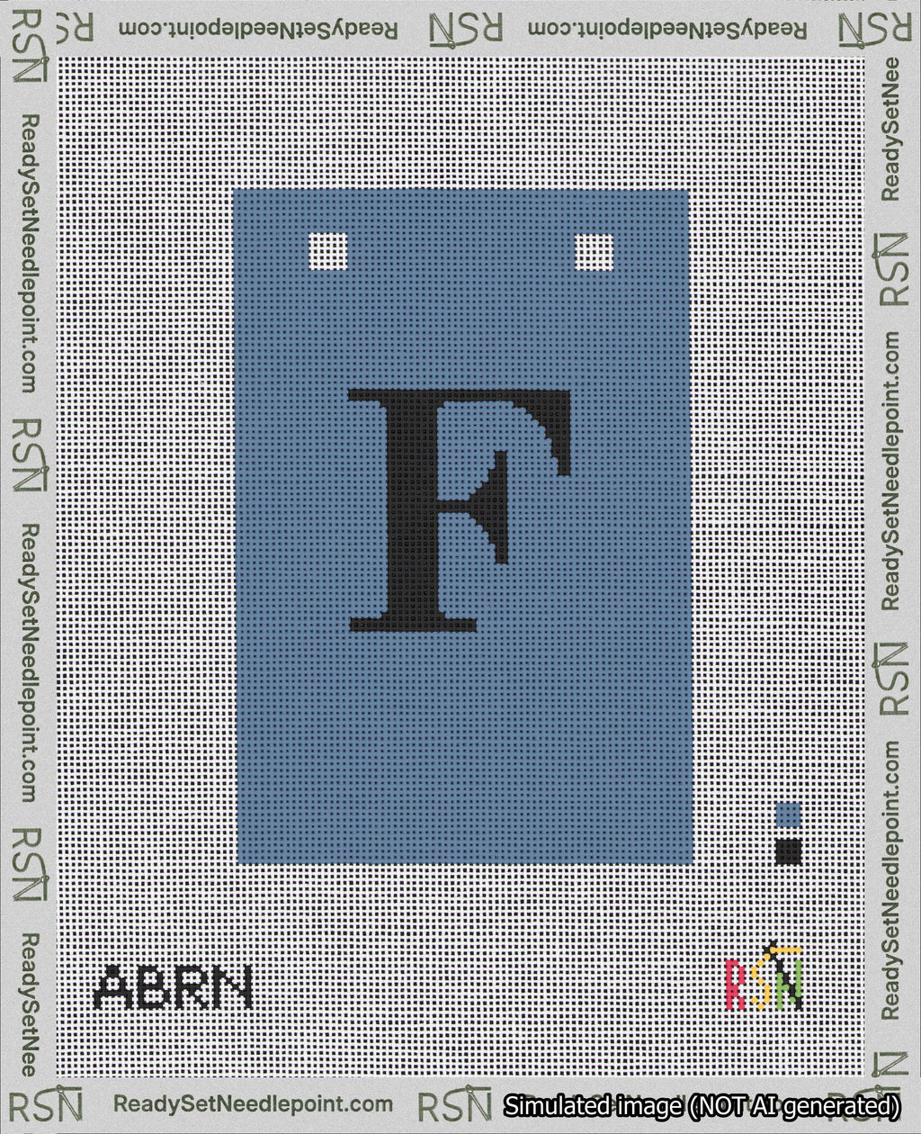 A taped needlepoint canvas with the design: Banner 18 mesh count Squared F Black on Blue.