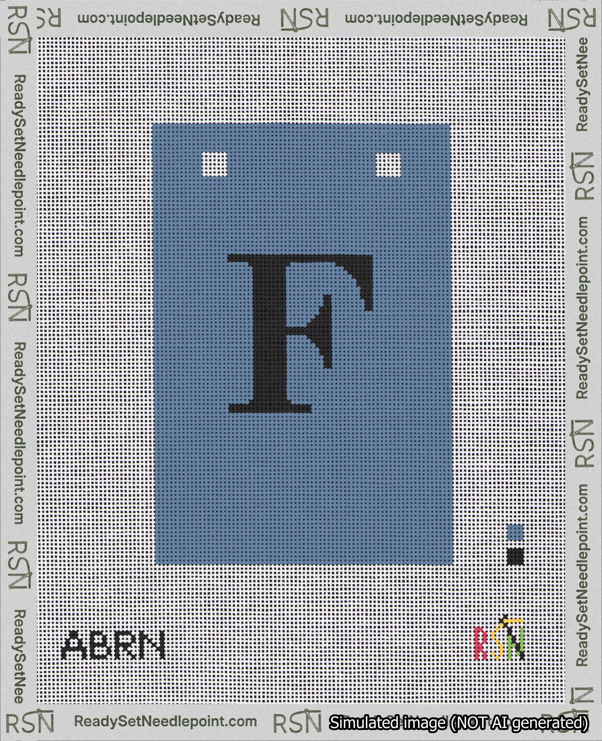 A taped needlepoint canvas with the design: Banner 18 mesh count Squared F Black on Blue.