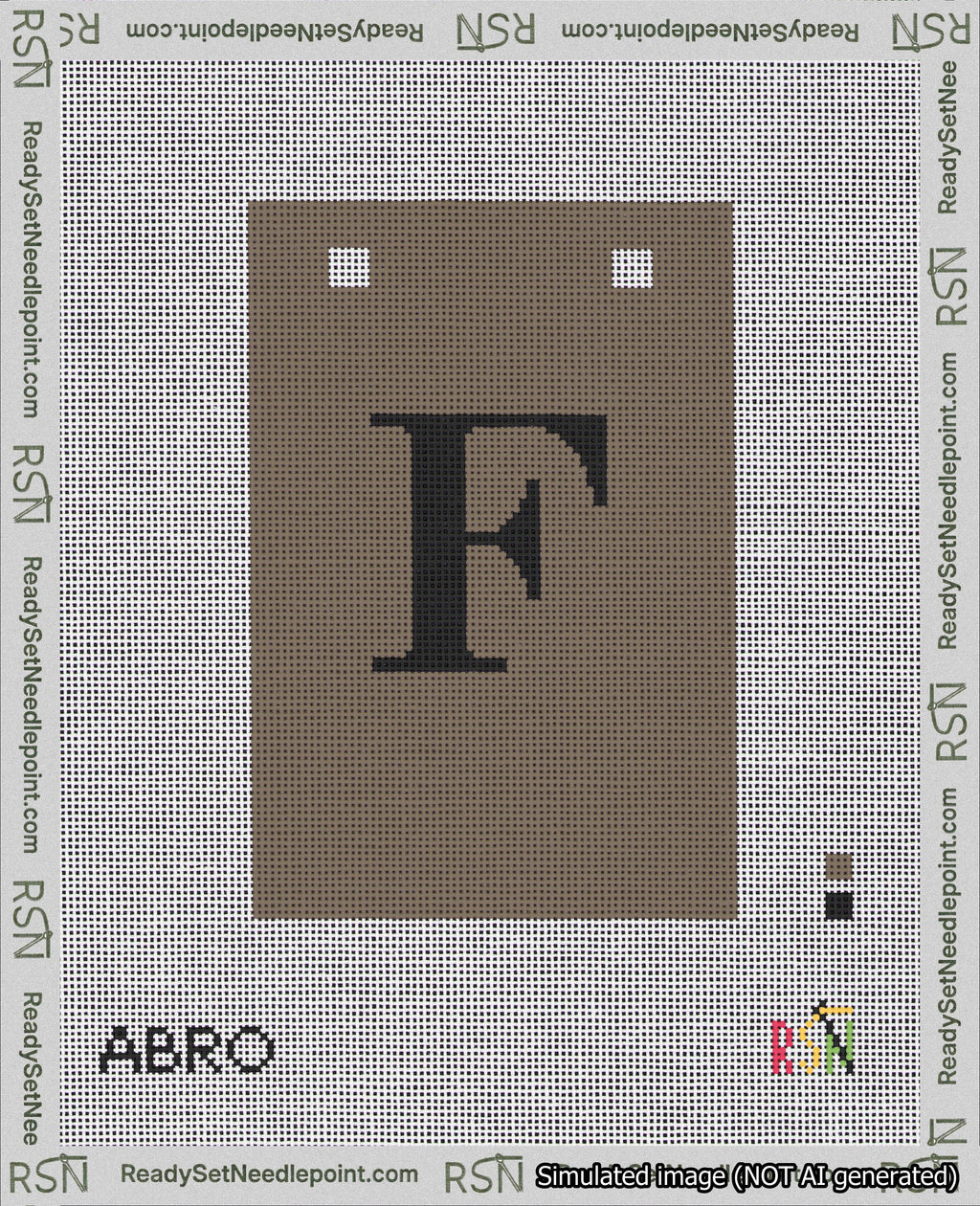 A taped needlepoint canvas with the design: Banner 18 mesh count Squared F Black on Brown.