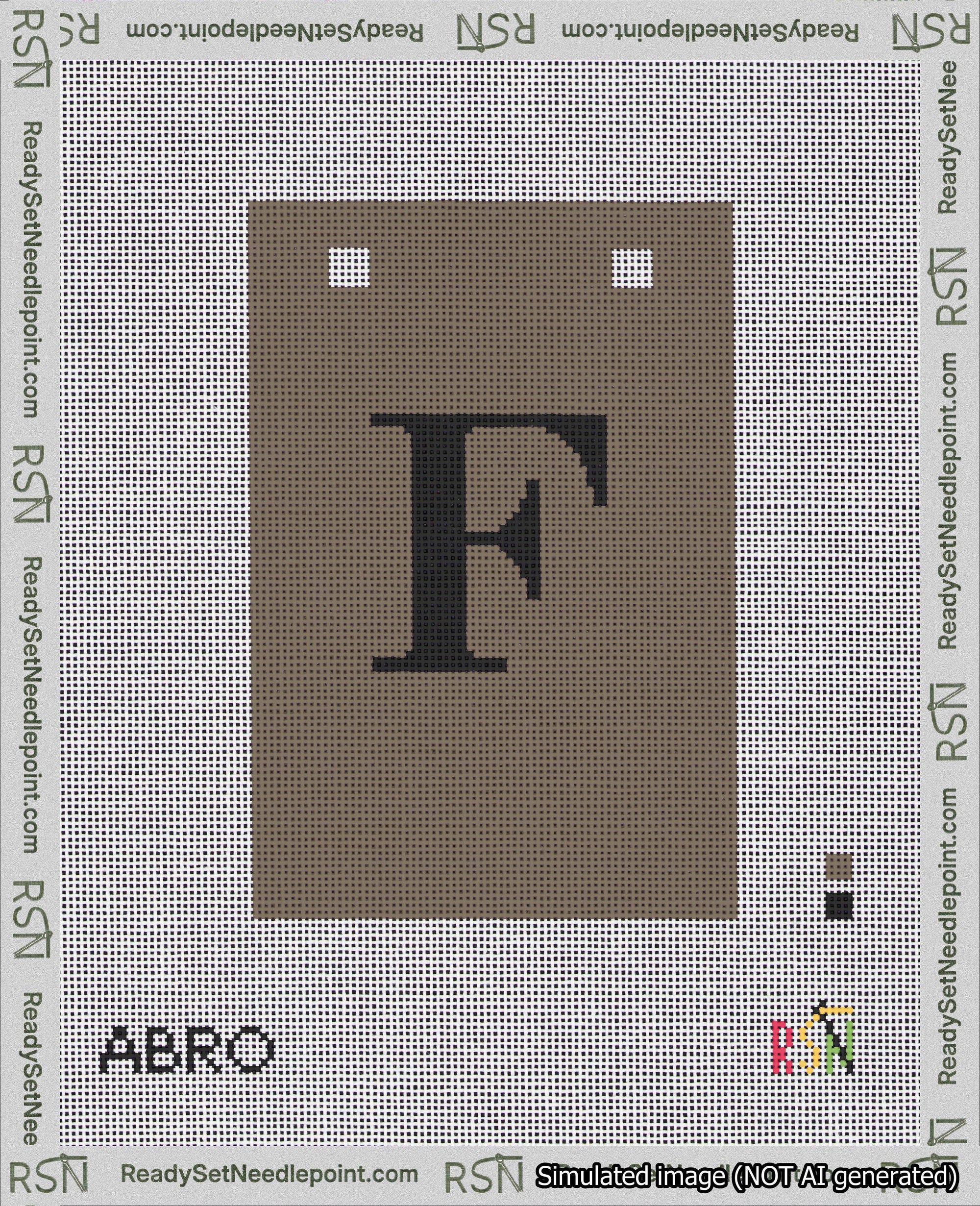 A taped needlepoint canvas with the design: Banner 18 mesh count Squared F Black on Brown.